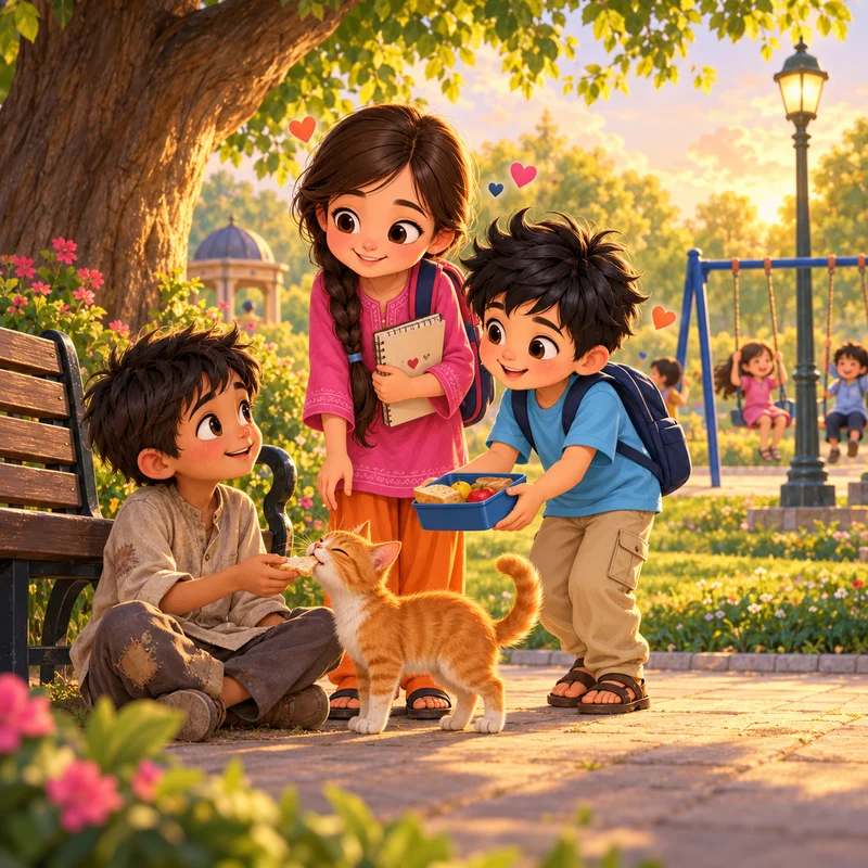 Imaan and Akhlaq sharing their lunch with a friend in the park